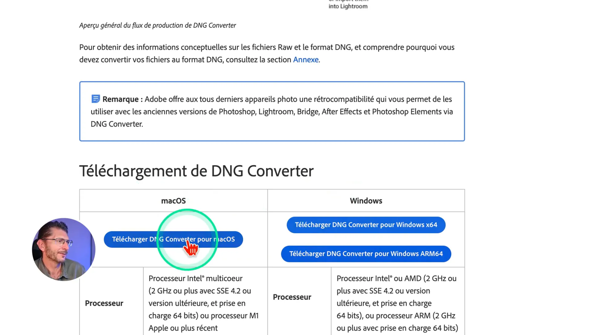 Page de téléchargement d’Adobe DNG Converter