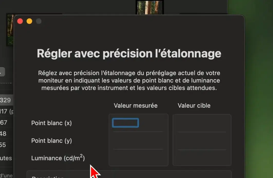 Interface Apple pour entrer les valeurs mesurées de calibration d’écran