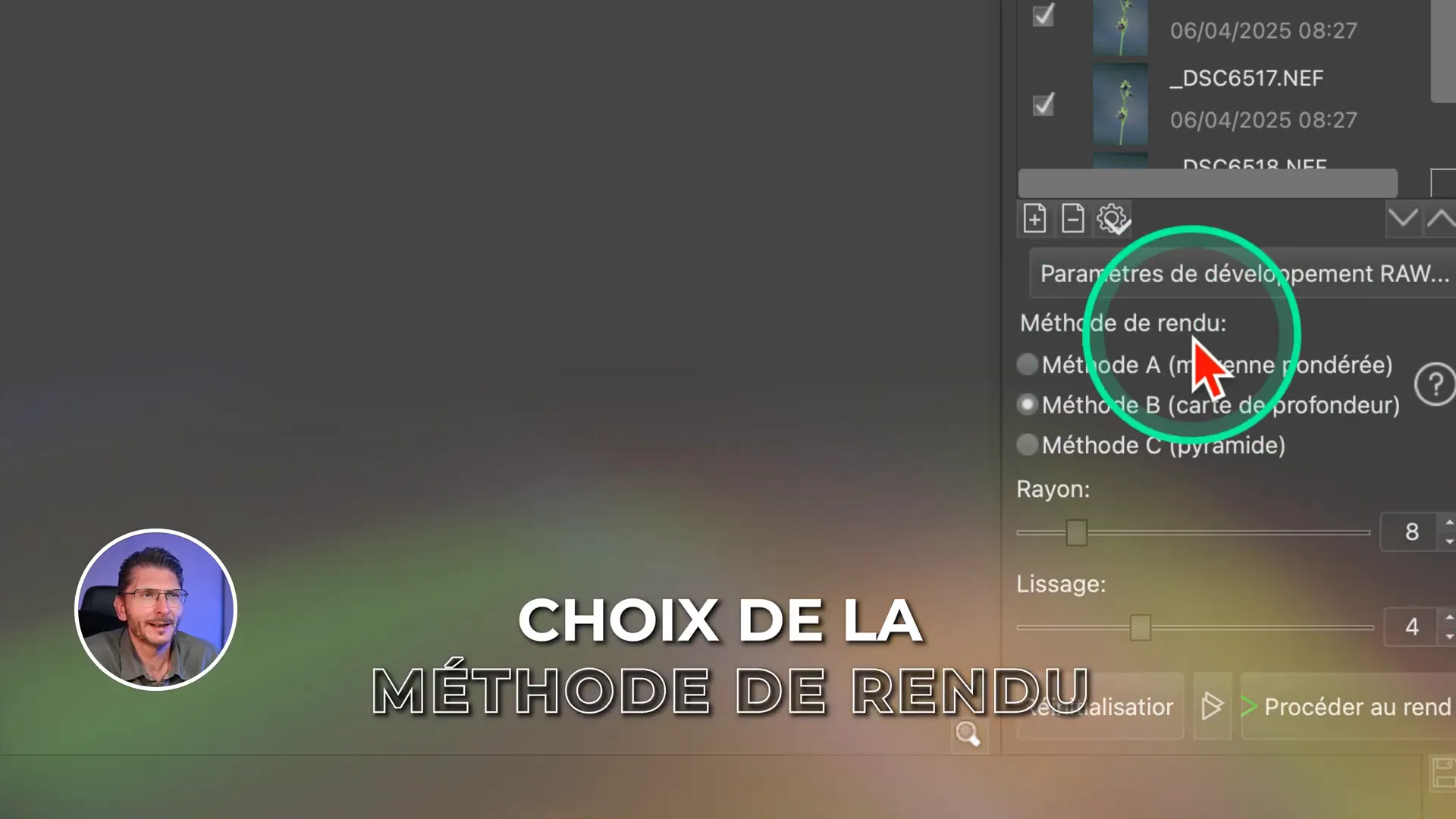 Choix des méthodes de rendu A, B et C dans Helicon Focus