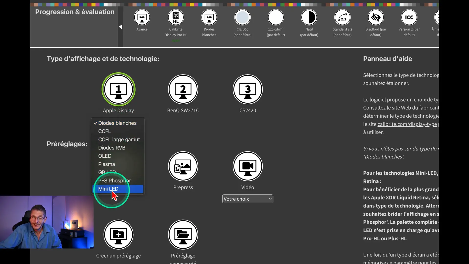 Calibrite Profiler affichant le choix Mini LED pour un écran Apple