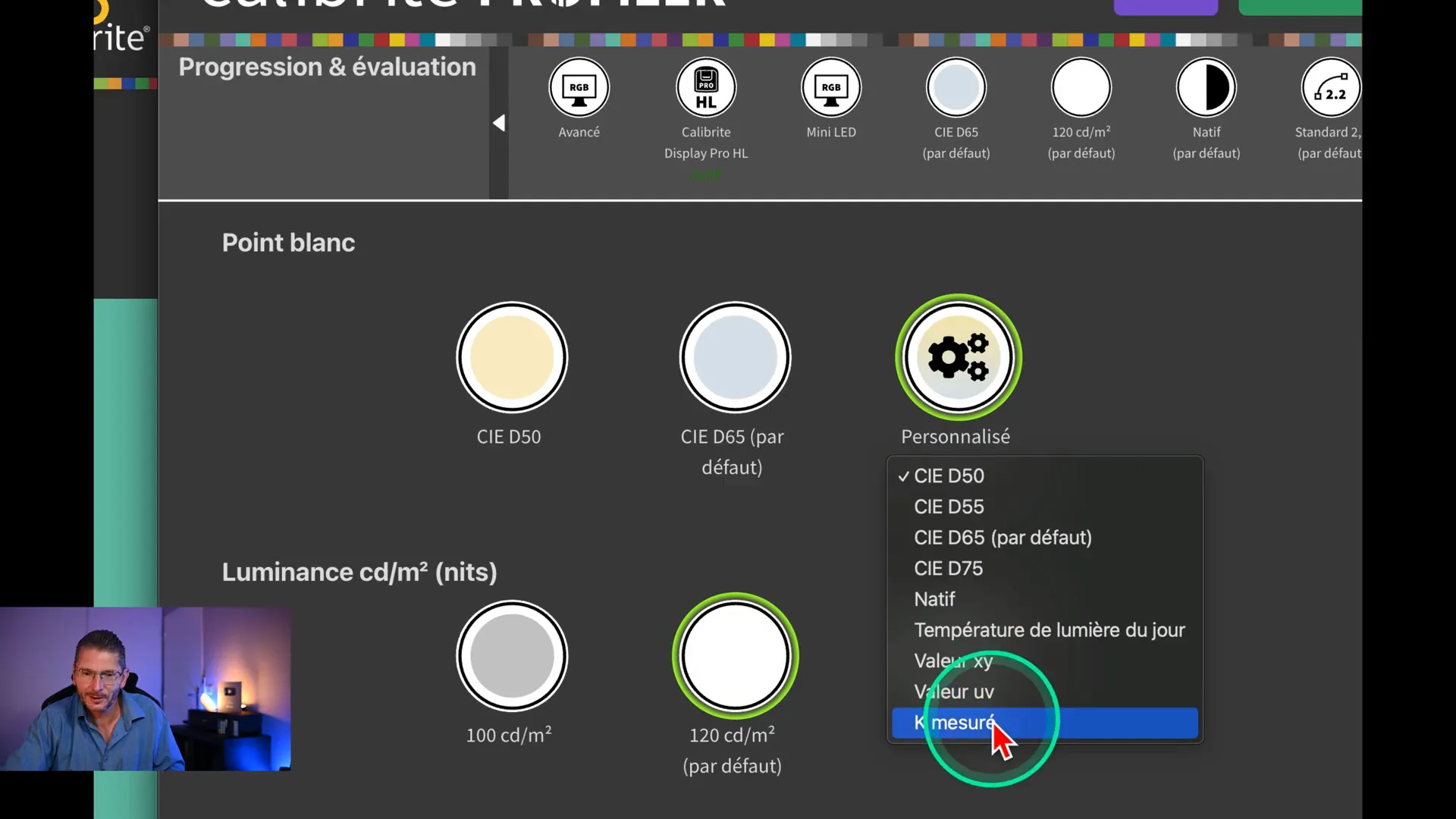 Sélection d’un point blanc personnalisé mesuré dans Calibrite Profiler