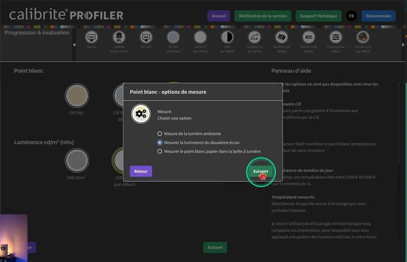 Options de mesure du point blanc dans Calibrite Profiler