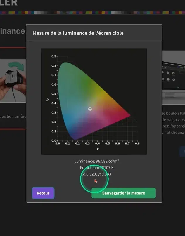 Diagramme chromatique avec coordonnées xy mesurées et température de couleur
