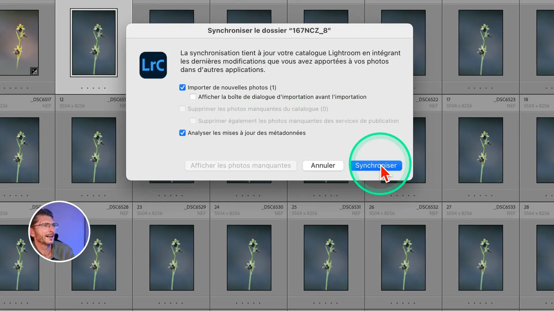 Fenêtre de synchronisation d’un dossier dans Lightroom