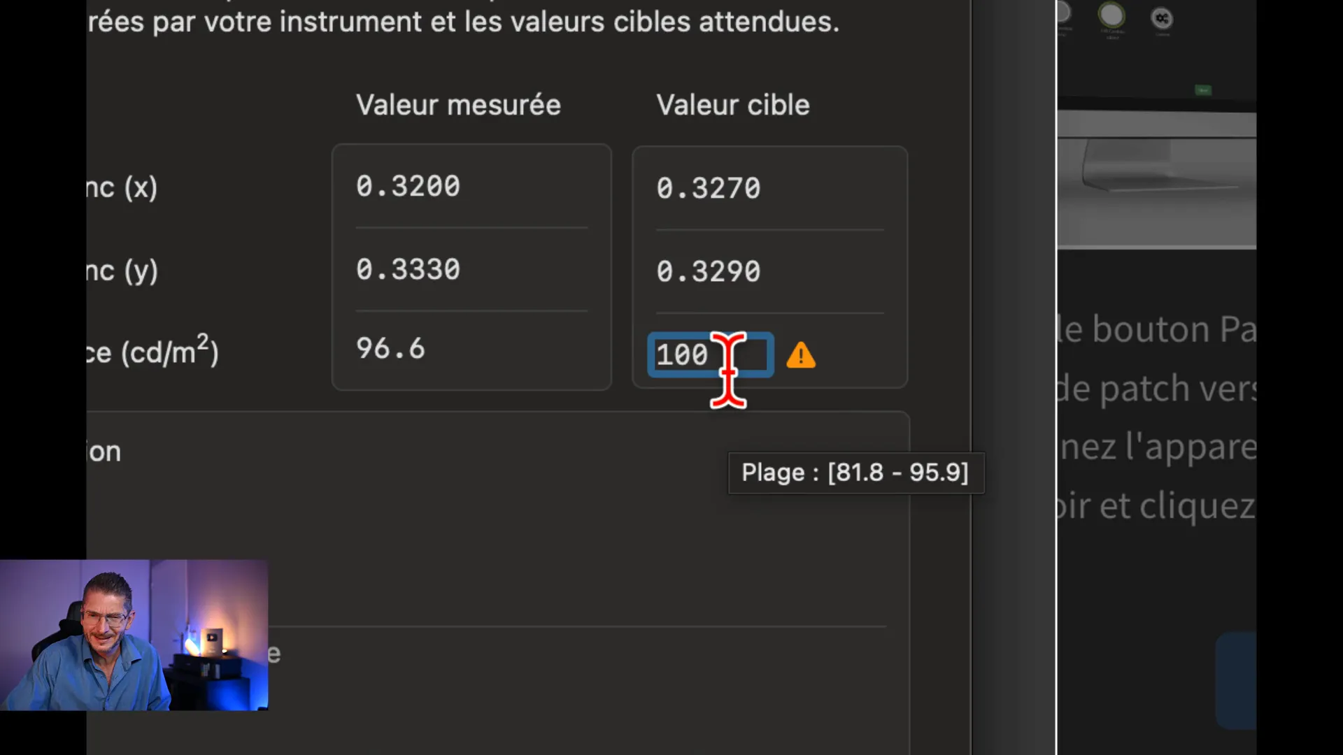 Saisie des valeurs mesurées et cibles dans l’étalonnage macOS