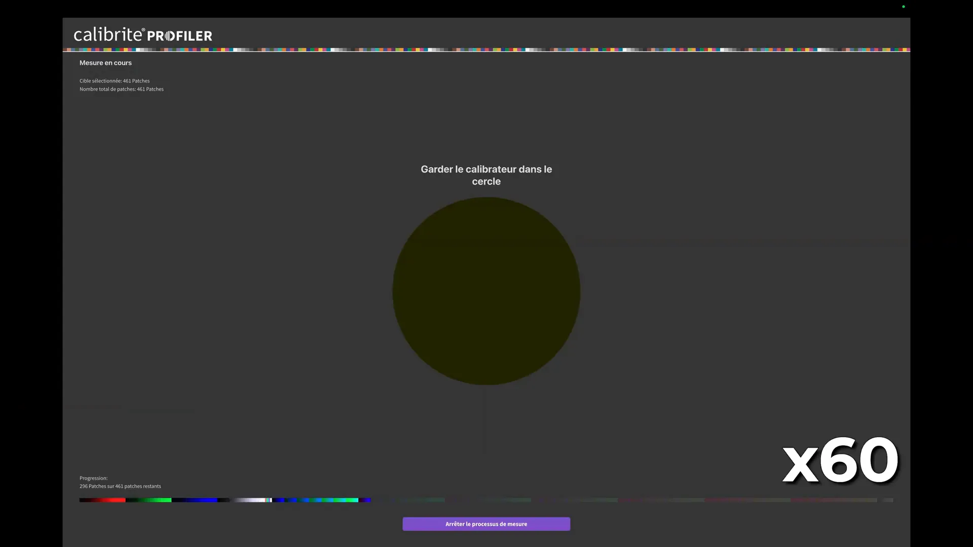 Écran de progression de la mesure de calibration avec 461 patchs