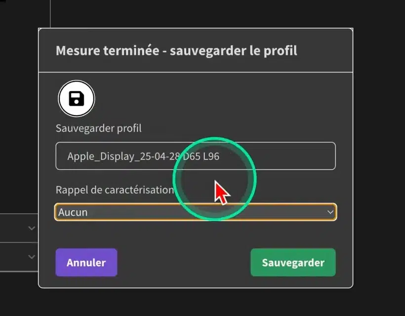 Fenêtre de sauvegarde du profil ICC après calibration