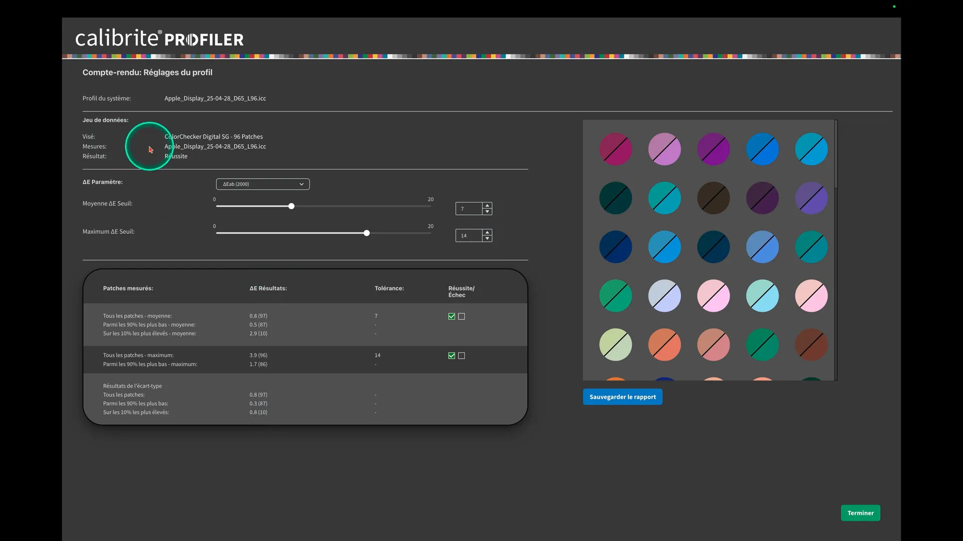 Rapport de validation du profil avec color checker et delta E