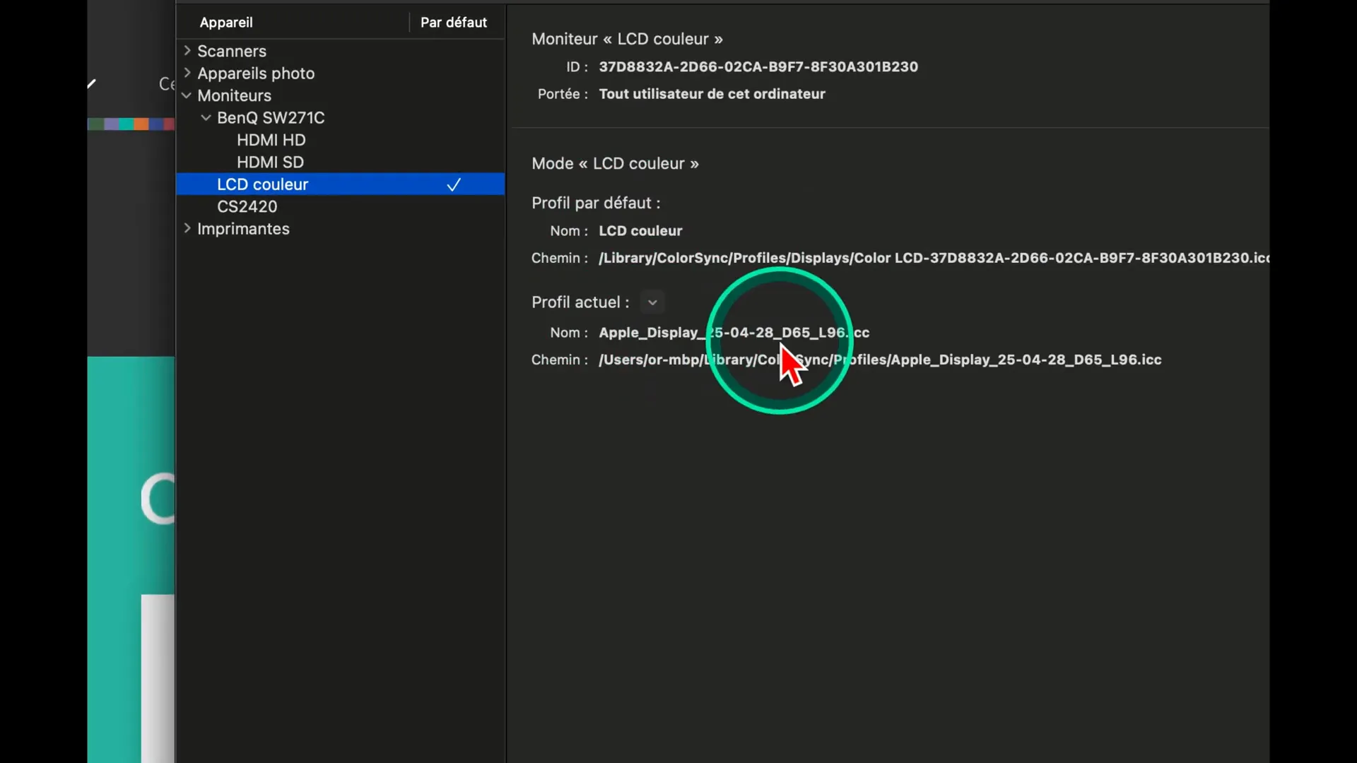 Utilitaire ColorSync avec sélection du profil actif sur un écran