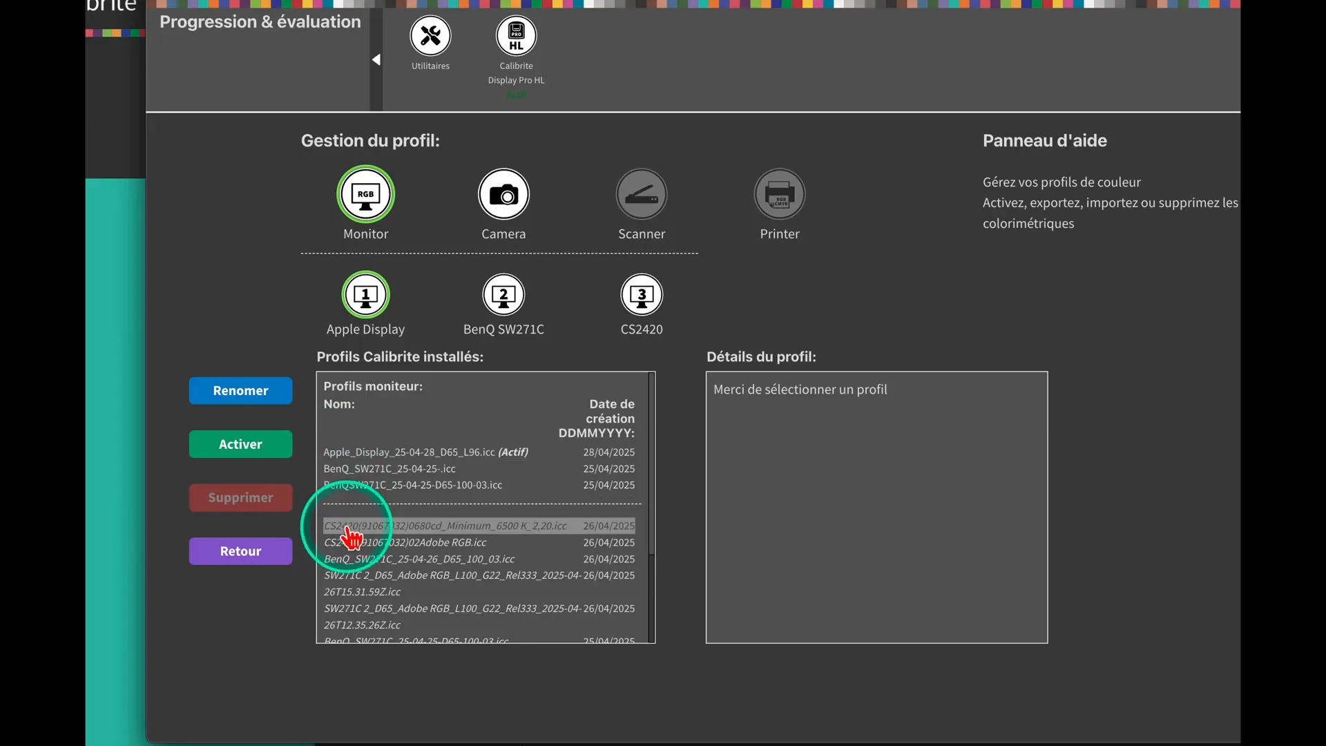Interface de gestion des profils dans Calibrite Profiler