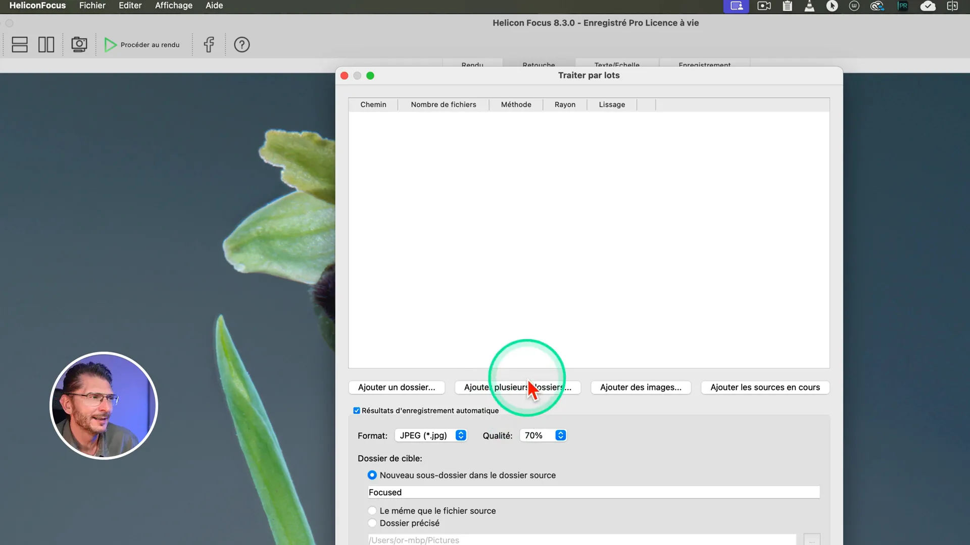 Interface du traitement par lots dans Helicon Focus
