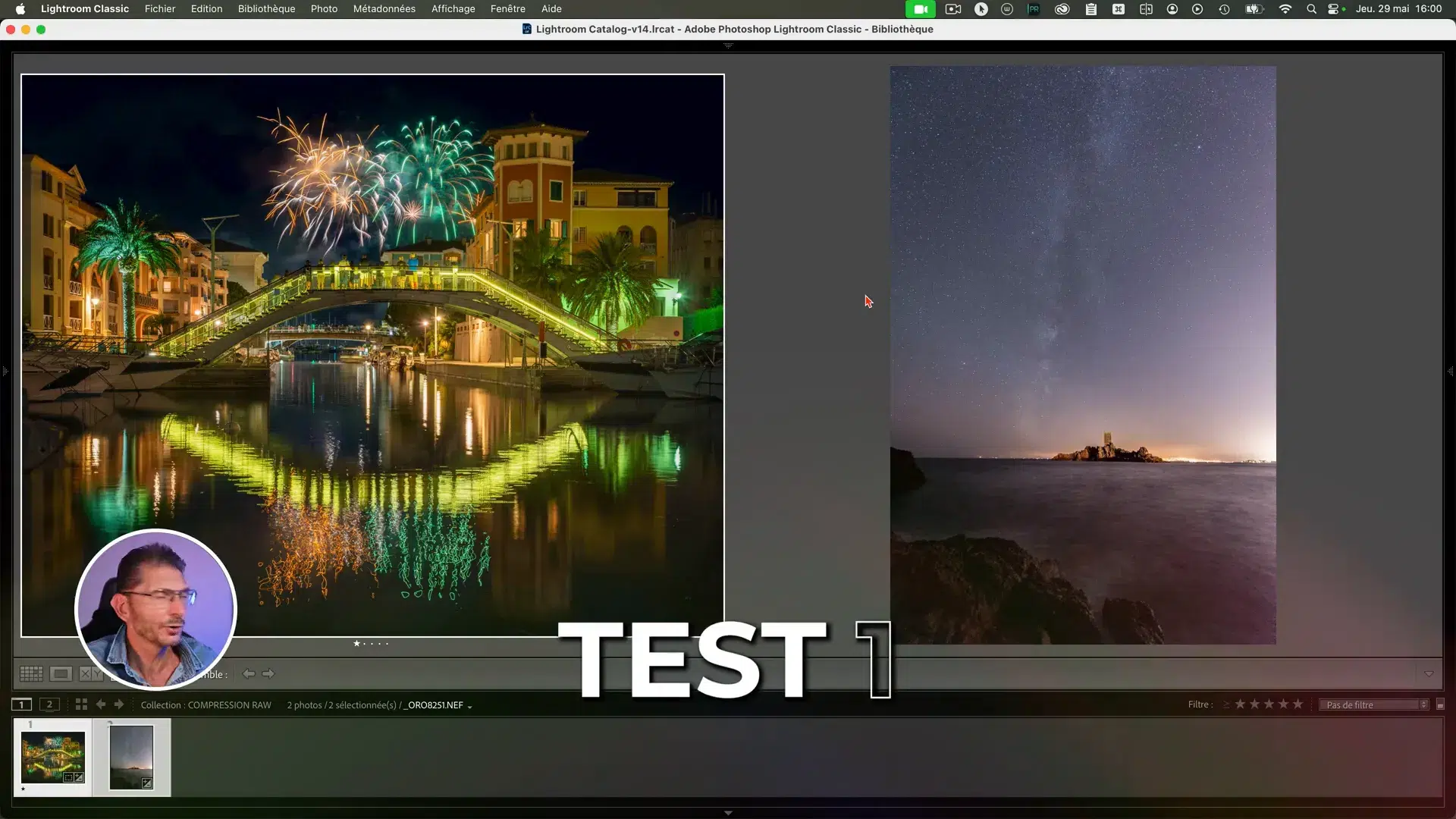 Comparaison de deux photos RAW dans Lightroom : un feu d'artifice à gauche et une voie lactée à droite.