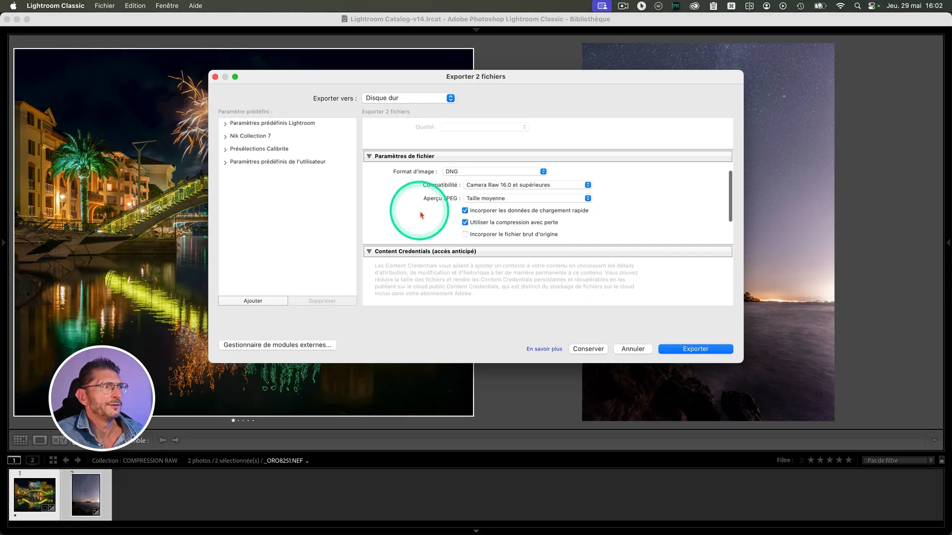 Fenêtre d'export Lightroom montrant les options DNG avec la case compression avec perte cochée.