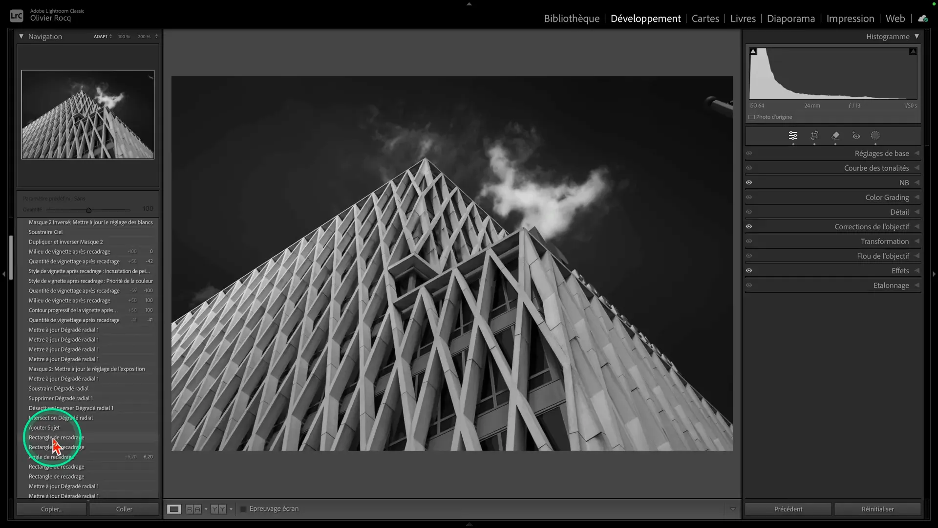 Historique du développement dans Lightroom avec l’étape de recadrage