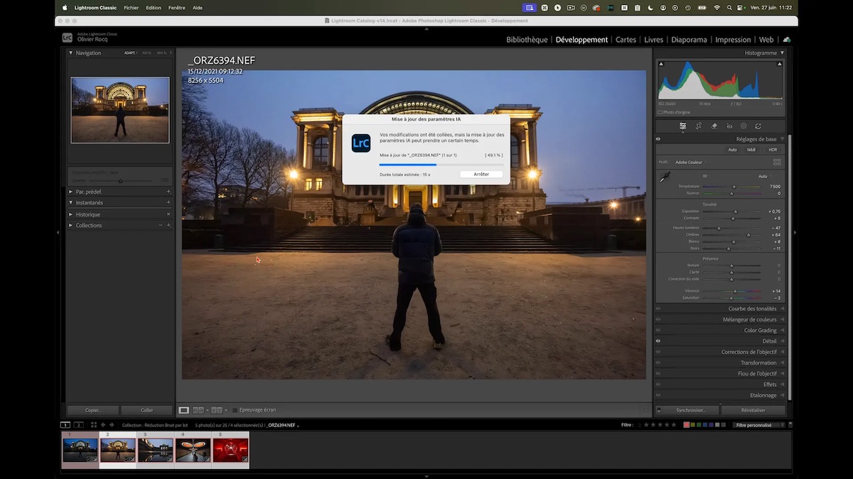 Capture d’écran de Lightroom Classic montrant une étape du débruitage par lot