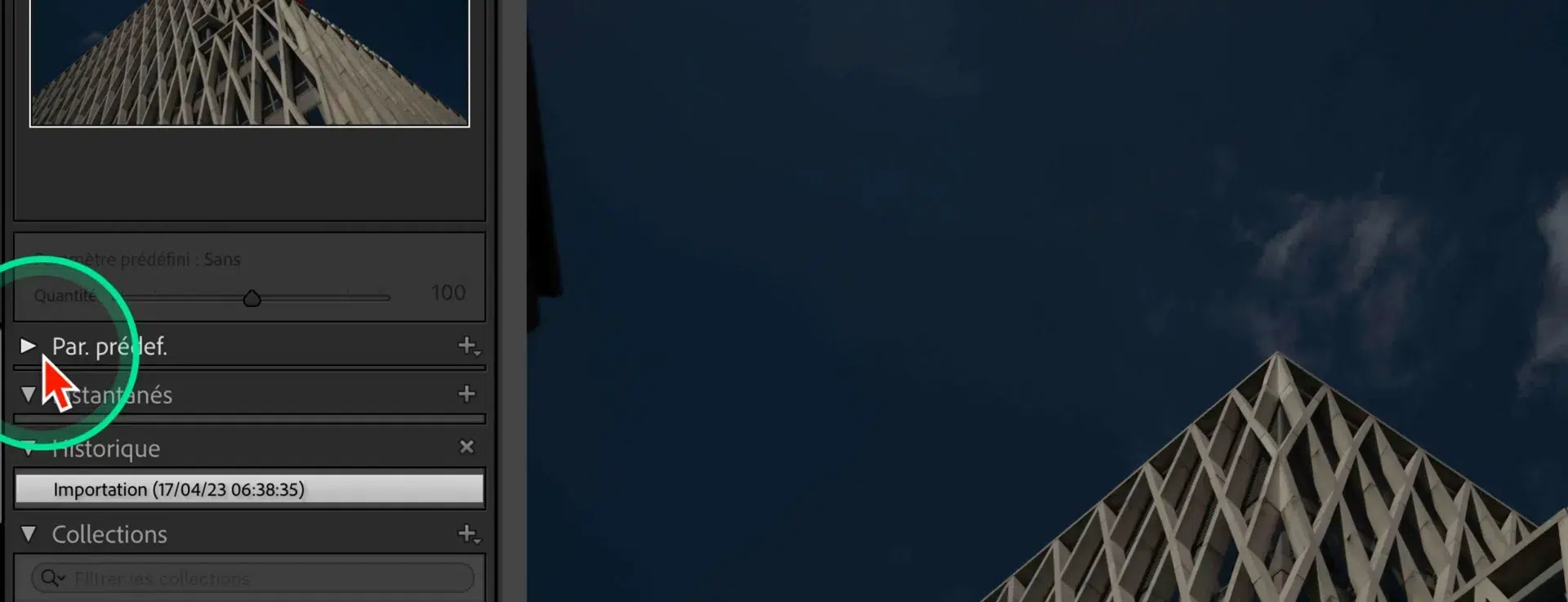 Accès au menu des paramètres prédéfinis Lightroom