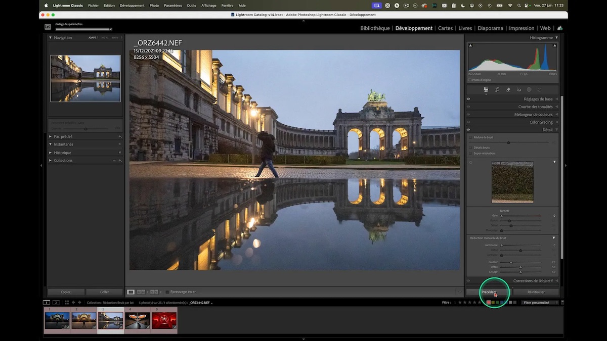 Capture d’écran de Lightroom Classic montrant une étape du débruitage par lot