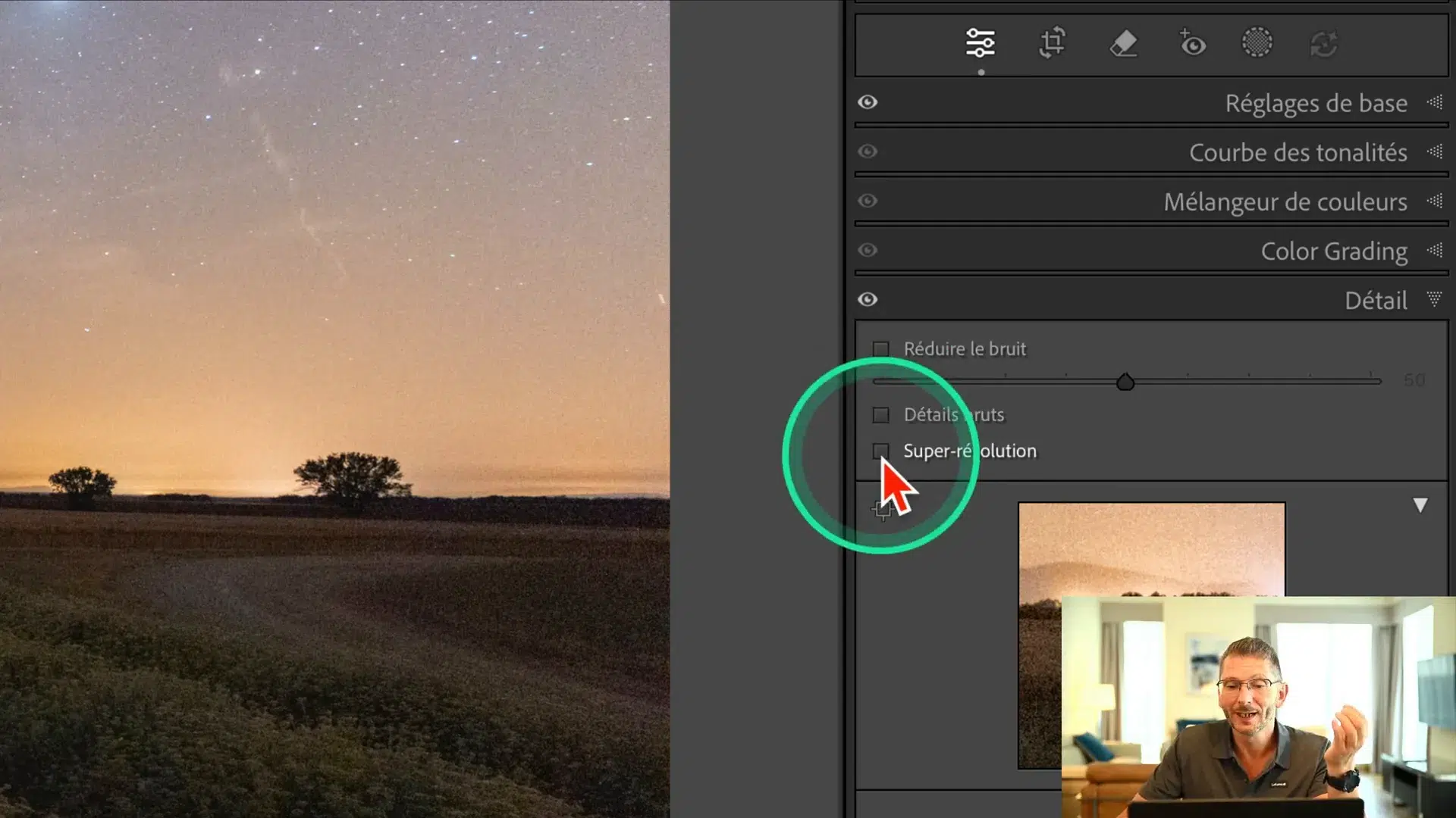 Panneau Détail dans Lightroom avec les options Détails bruts et Super-résolution