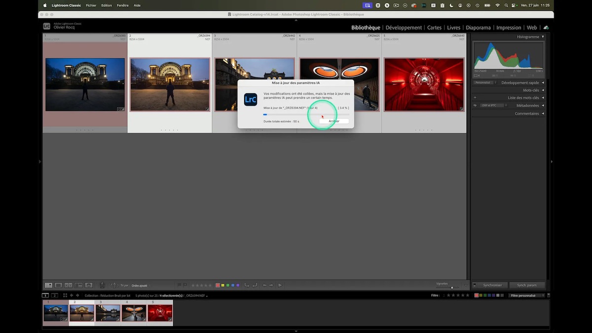Application de la réduction du bruit IA par lot dans Lightroom Classic
