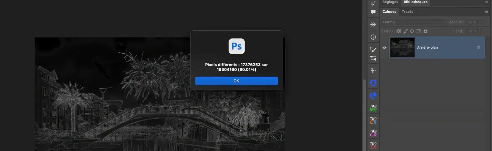 Fenêtre affichant le nombre de pixels modifiés dans Photoshop après compression.