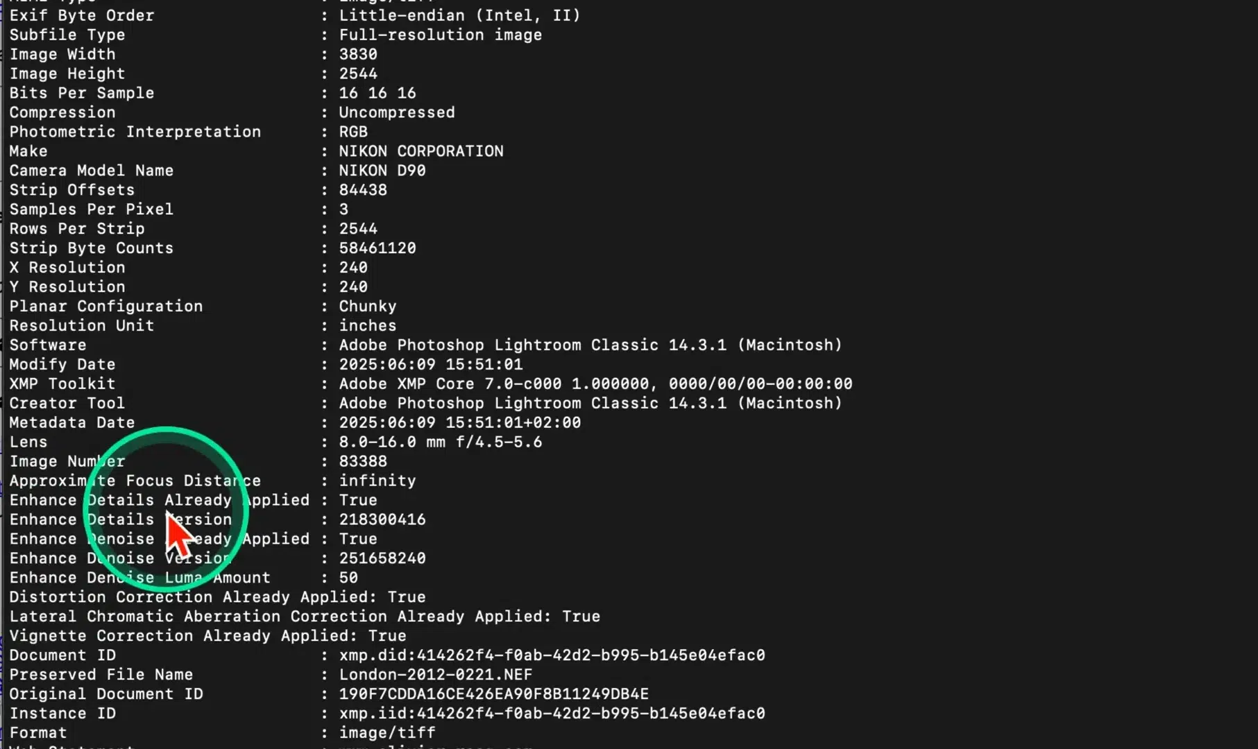 Métadonnées complètes dans ExifTool