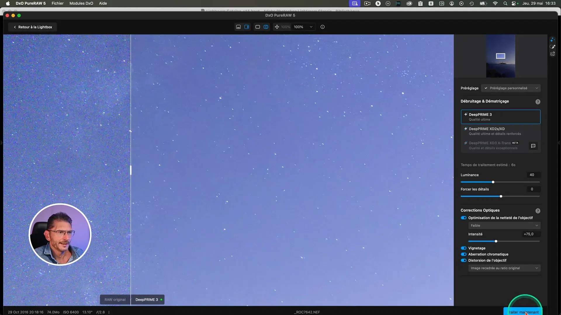 Interface de DxO PureRAW 5 avec comparaison avant/après débruitage DeepPRIME 3.