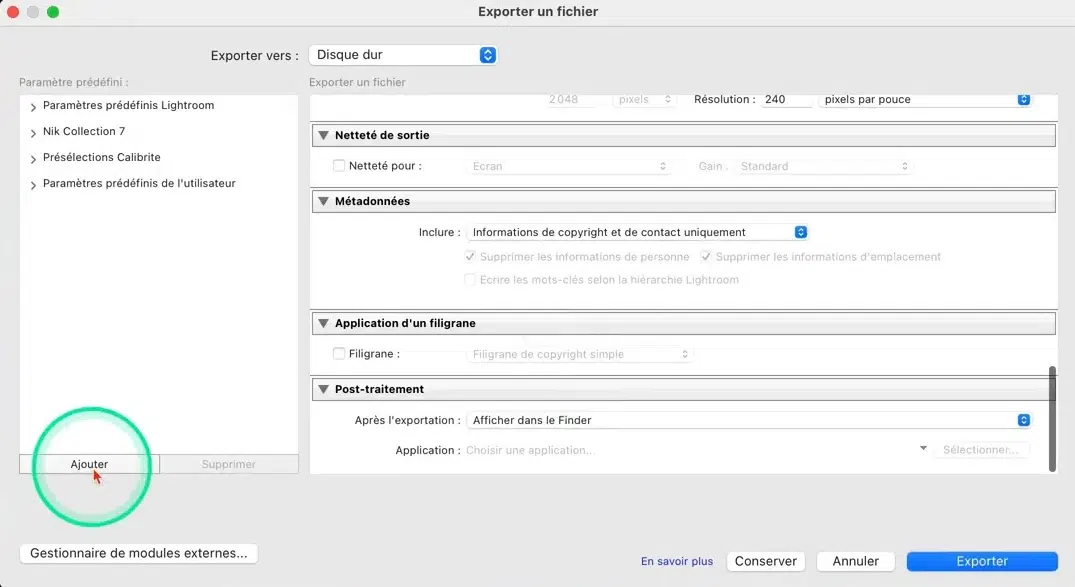 Création d’un preset d’exportation dans Lightroom
