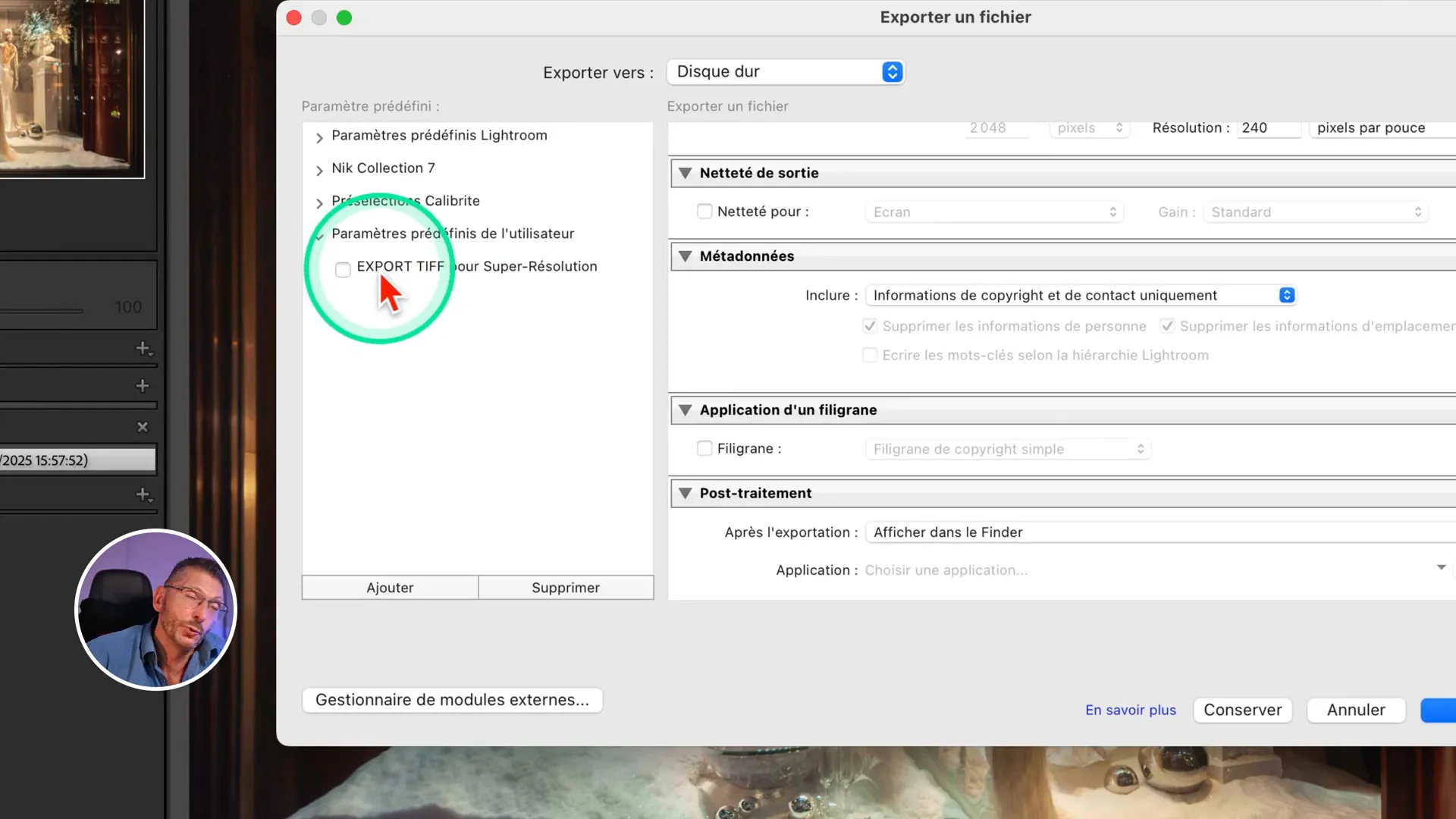 Application du preset d’exportation dans Lightroom
