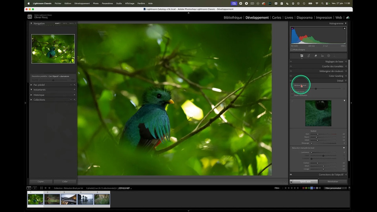 Capture d’écran de Lightroom Classic montrant une étape du débruitage par lot