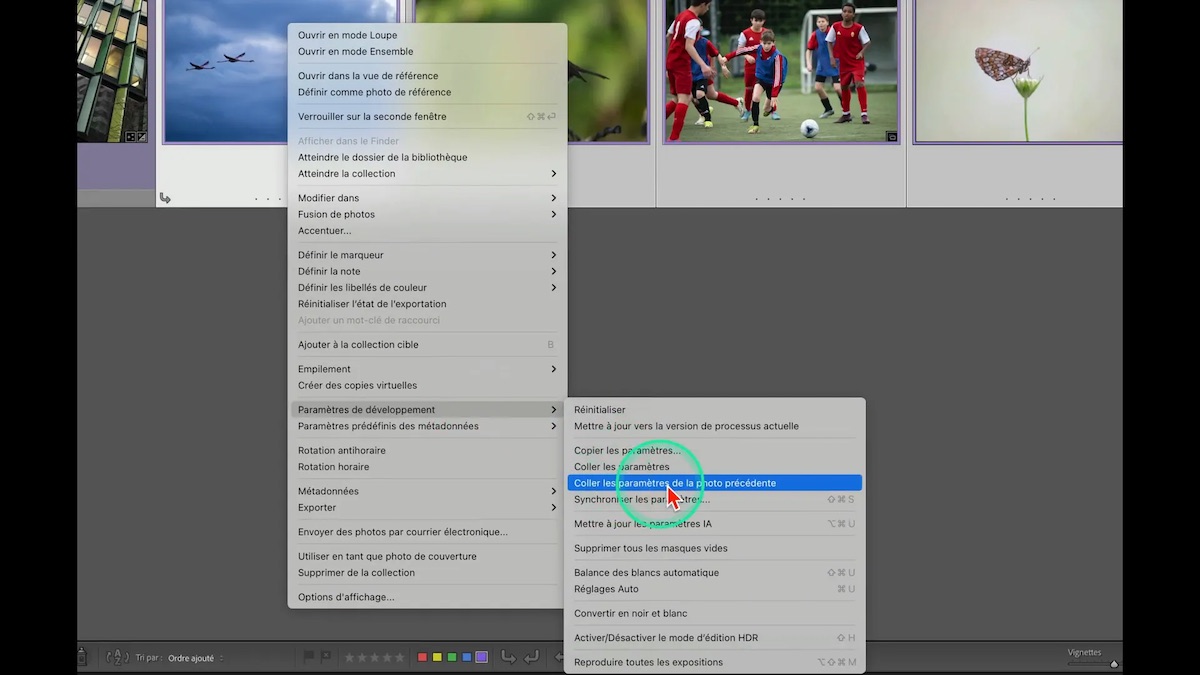 Capture d’écran de Lightroom Classic montrant une étape du débruitage par lot