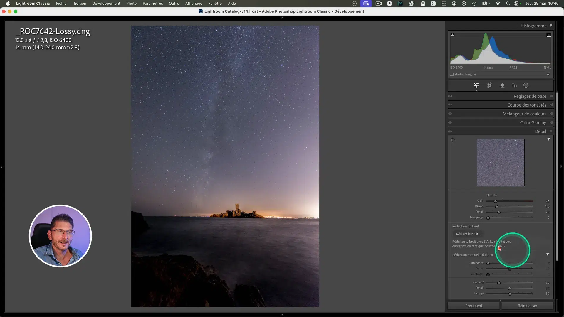 Interface Lightroom avec la fonction de réduction du bruit IA activée.