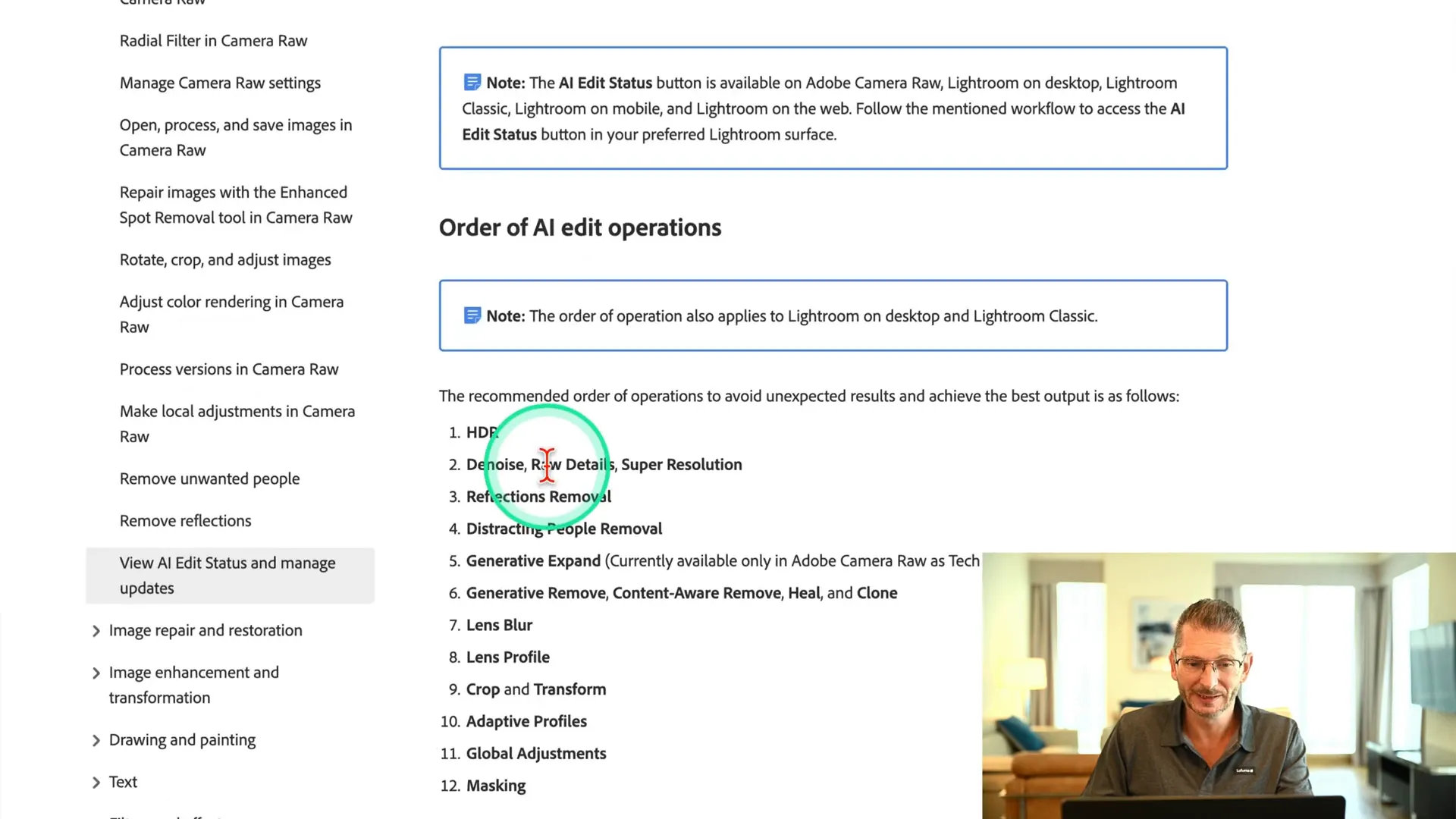 site web Adobe montrant le bon ordre de traitement