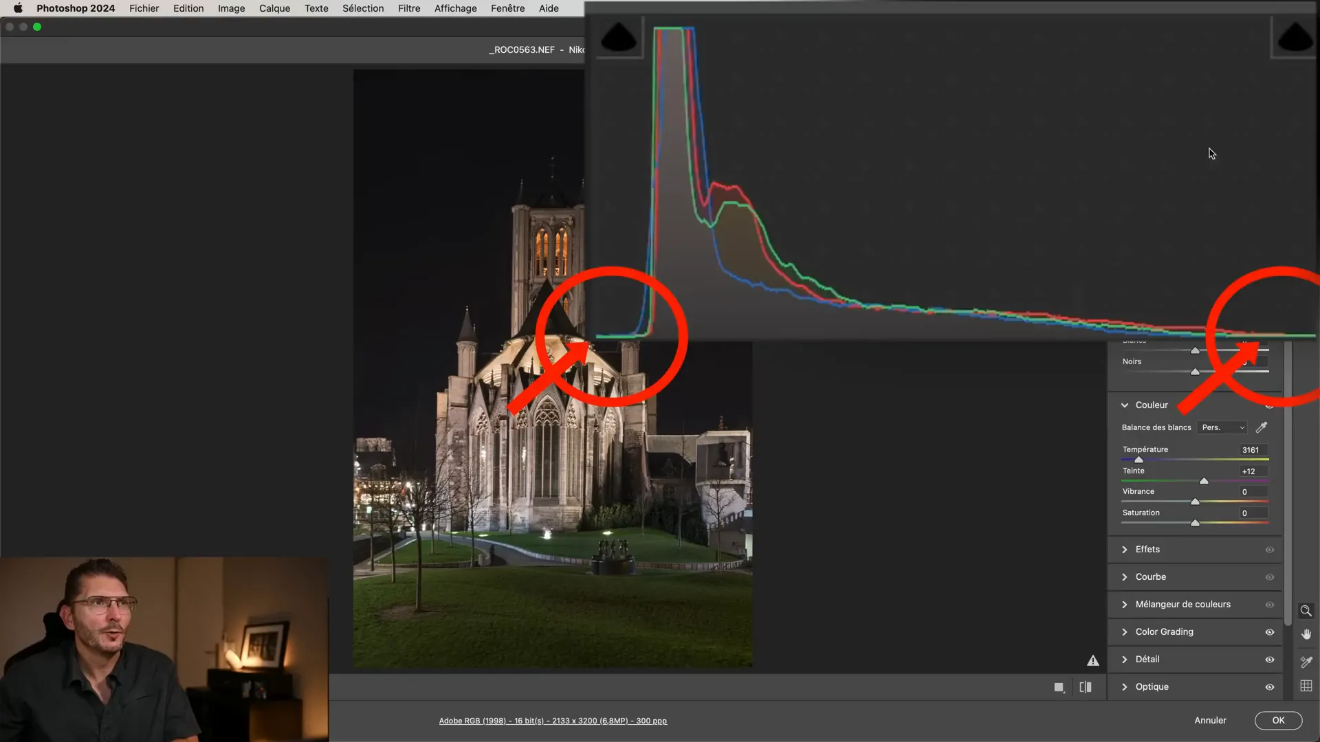 Histogramme illustrant les limites du curseur Contraste