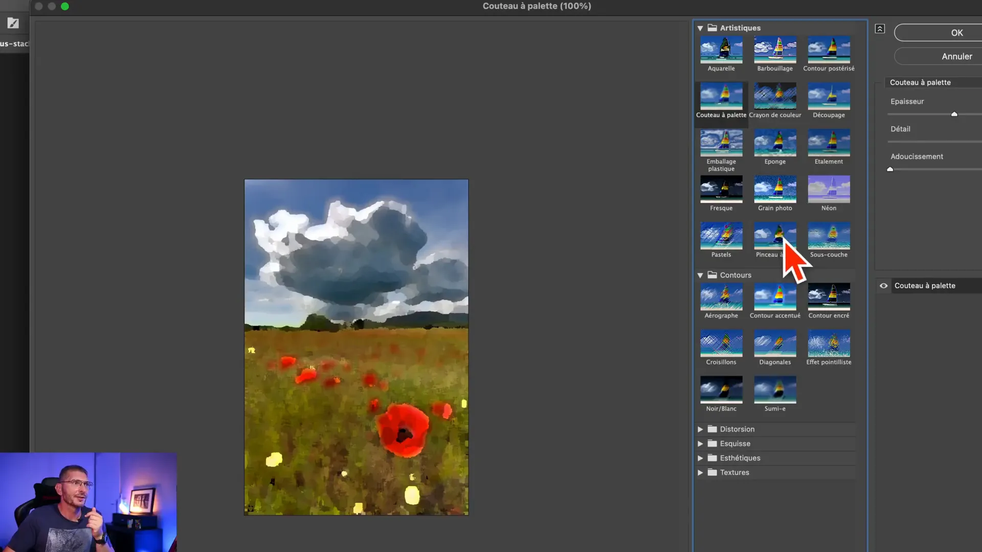 Galerie de filtres de Photoshop avec sélection du filtre 'Couteau à palette'.