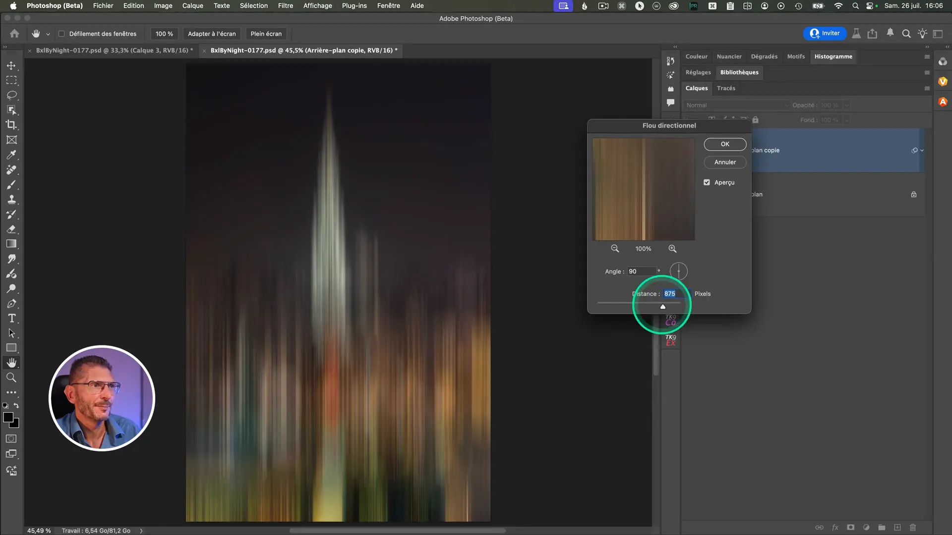 Application du flou directionnel dans Photoshop avec un angle de 90°