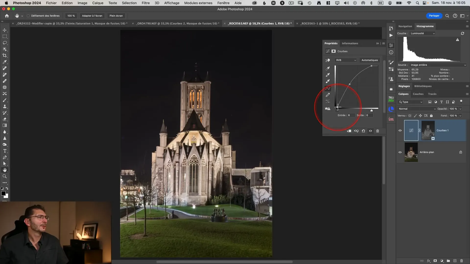 Courbe de contraste appliquée aux tons moyens d'une église