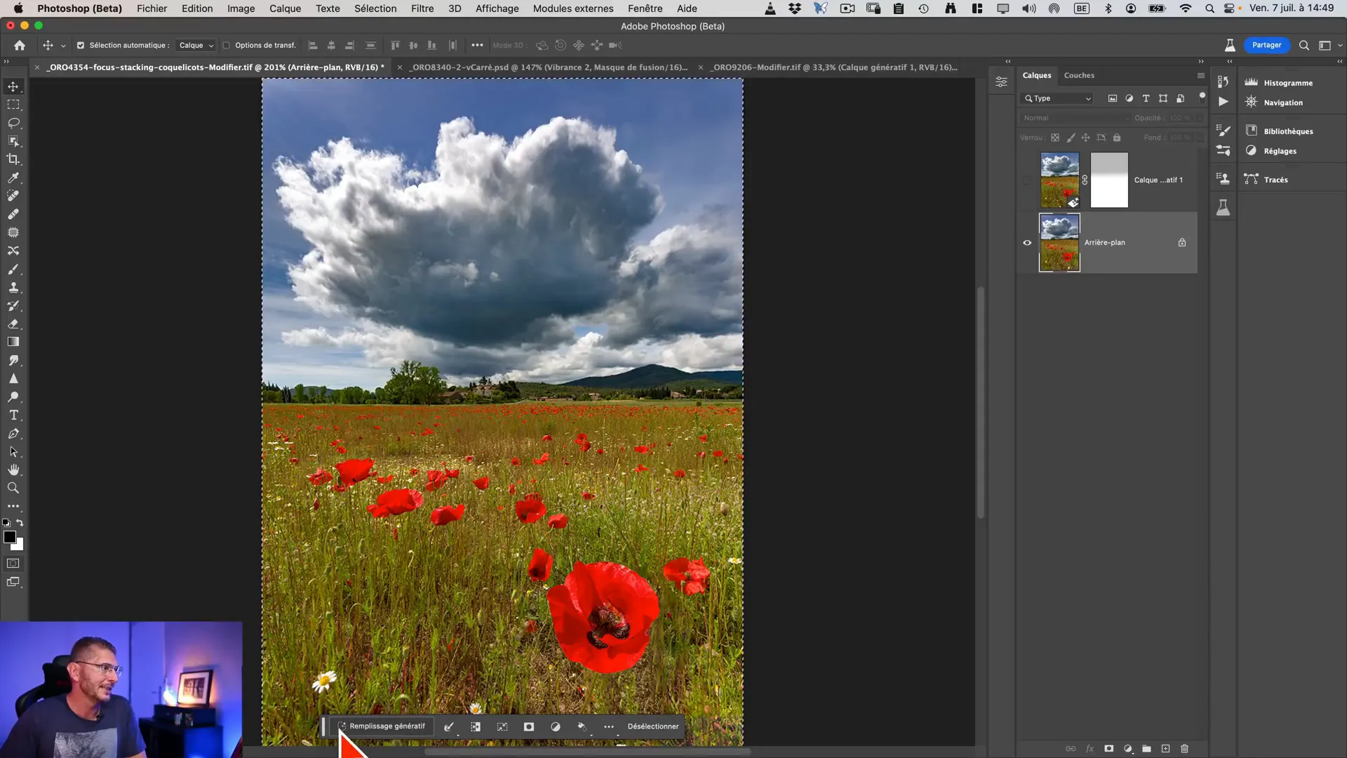 Interface de Photoshop avec une sélection active sur toute l’image.
