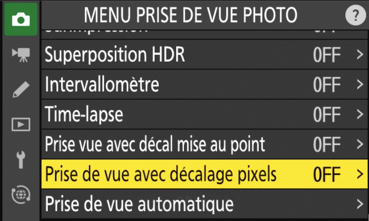 Option Pixel Shift seul dans les menus du Z8