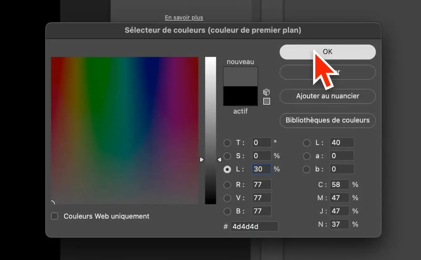 Choix d’un gris à 30% de luminosité dans le sélecteur de couleurs de Photoshop.