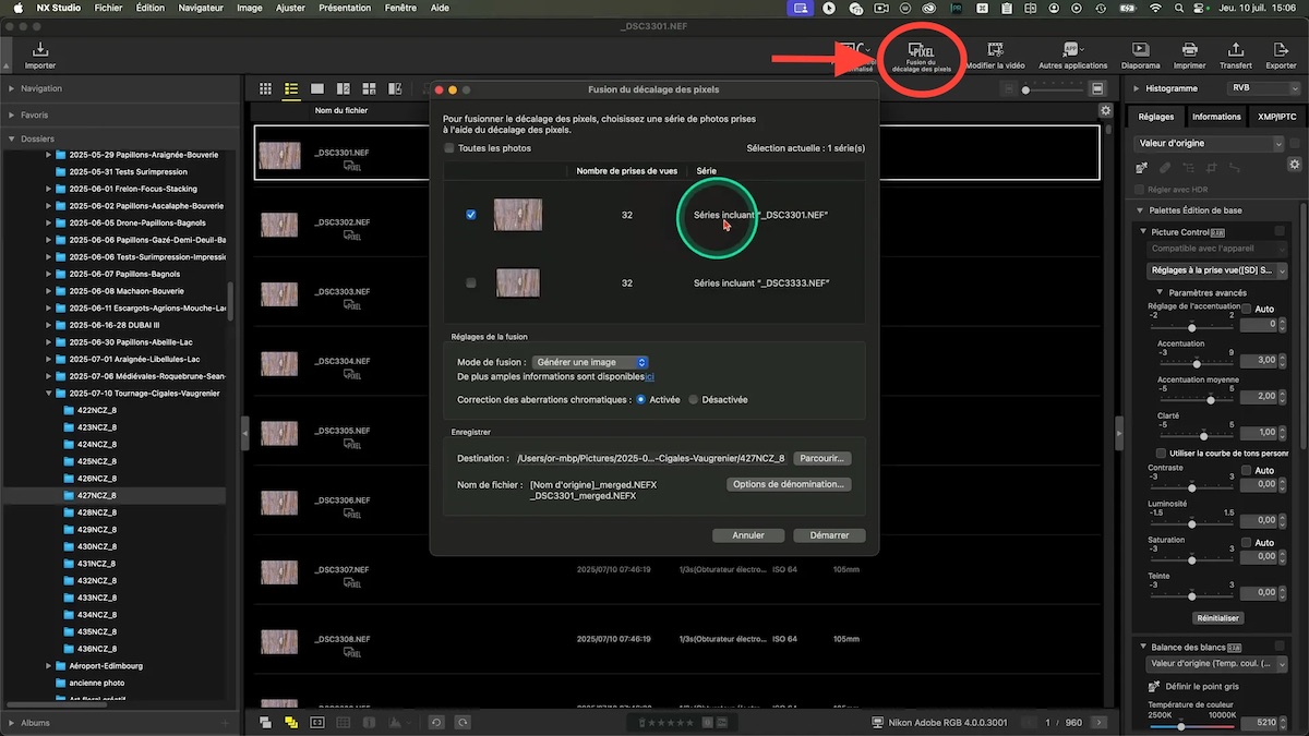 Assemblage des vues Pixel Shift dans NX Studio
