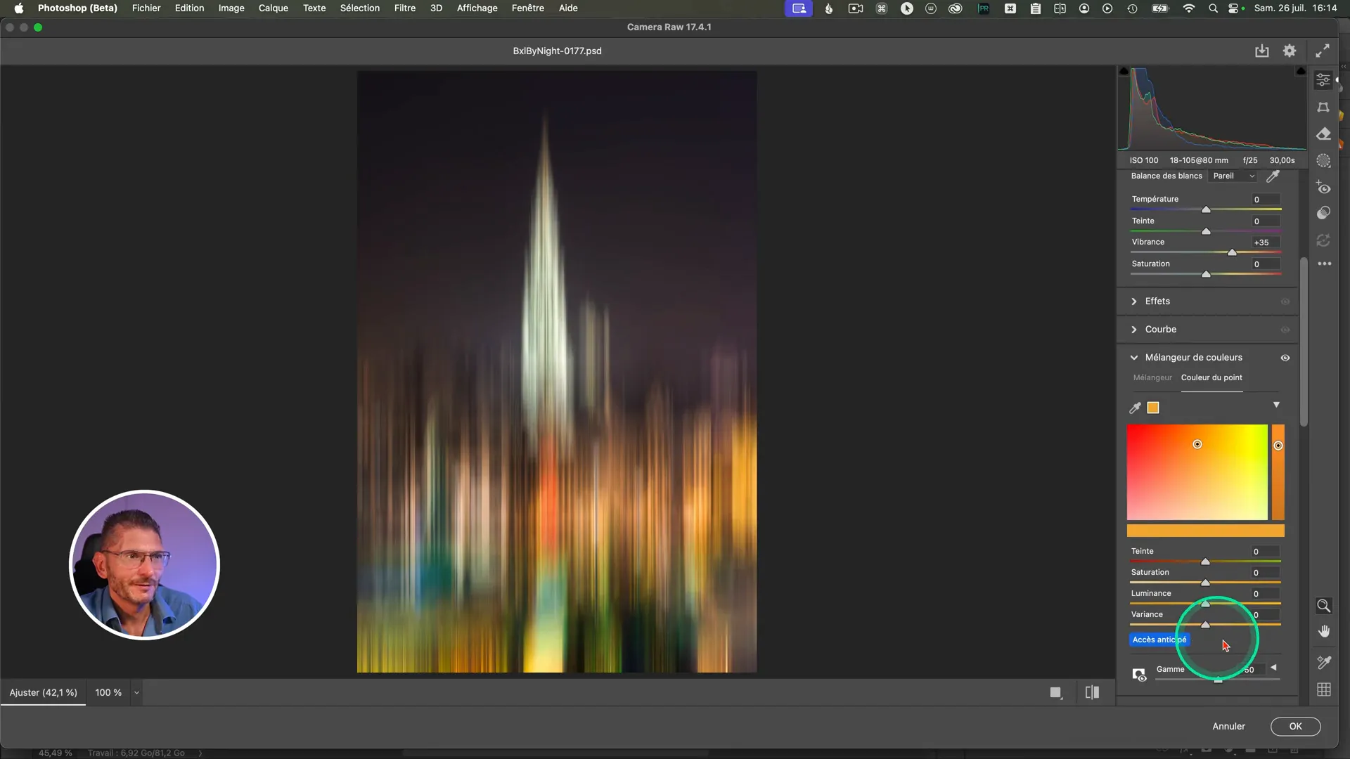 Réglage du curseur Variance dans Camera RAW