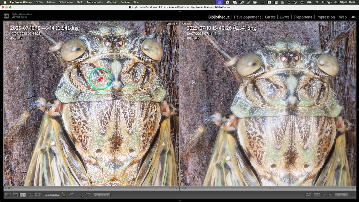 Zoom comparatif sur stacking avec/Pixel Shift