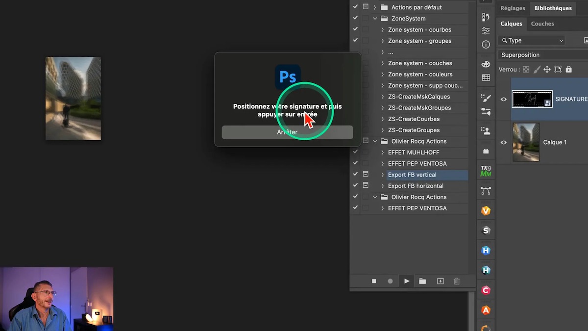 Boîte de dialogue demandant de positionner la signature dans Photoshop