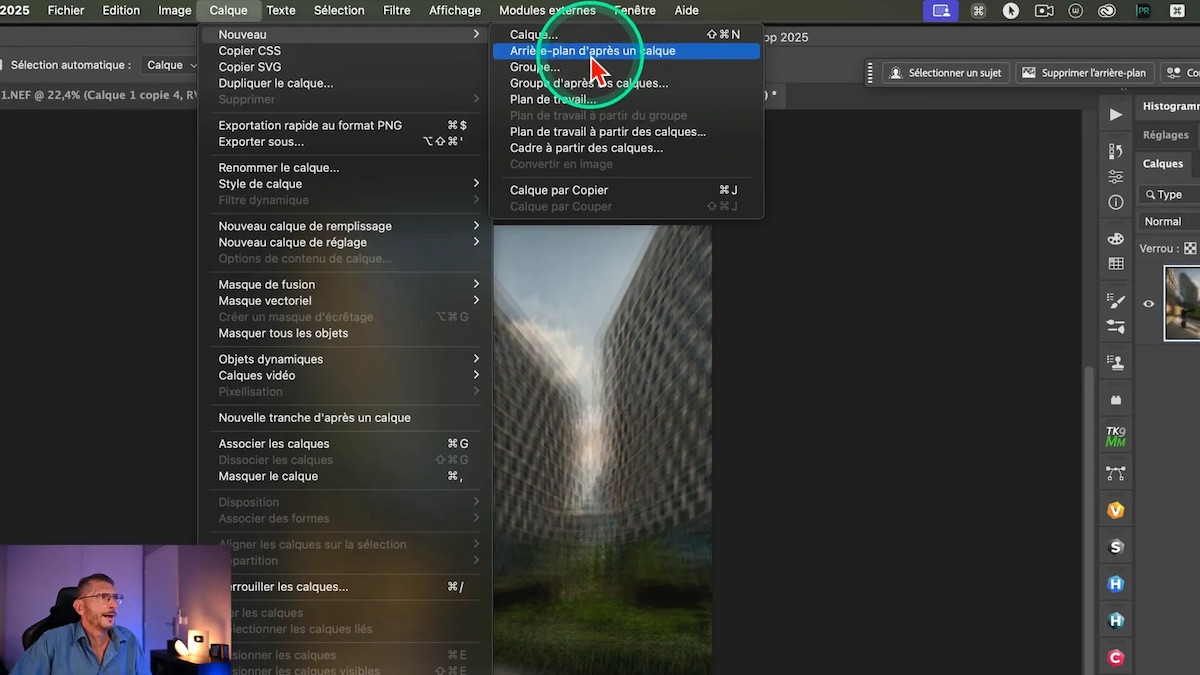 Menu Photoshop pour créer un arrière-plan à partir d’un calque