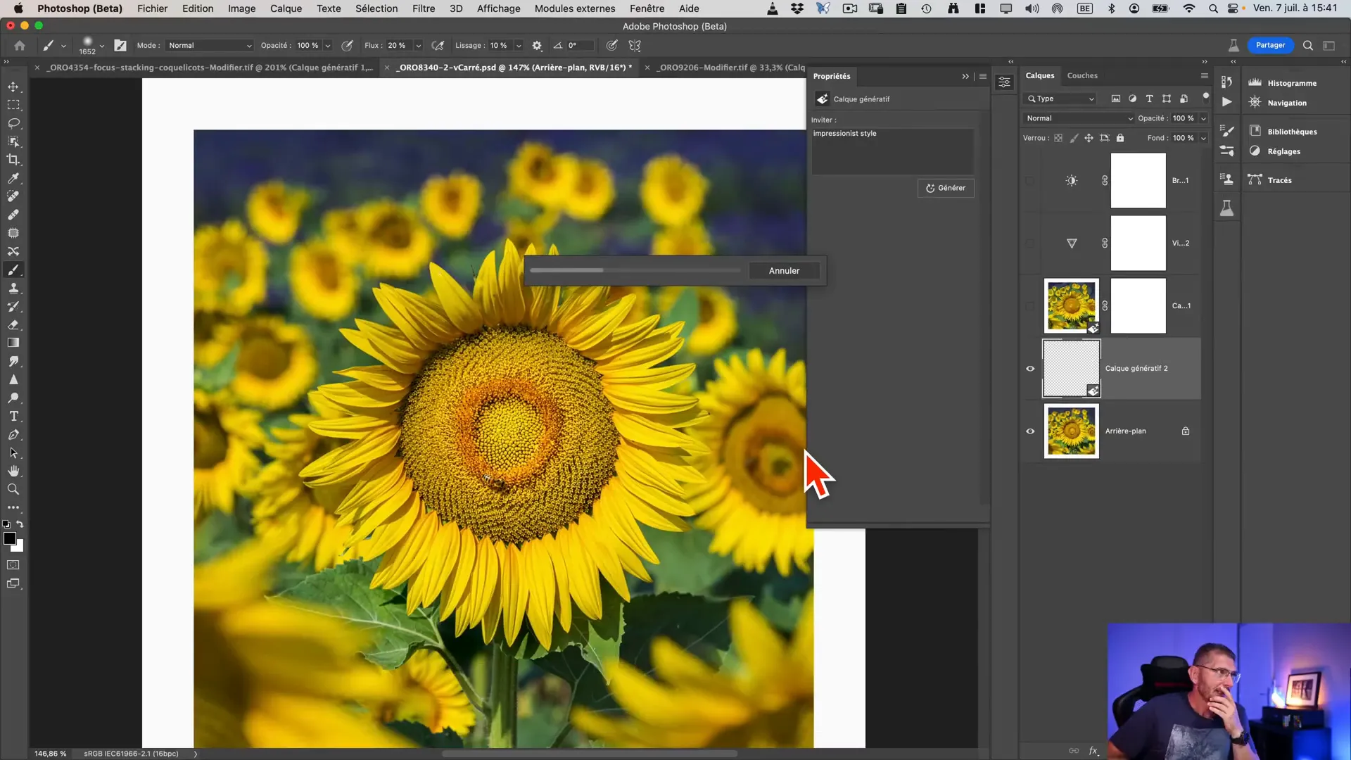 Image d’un tournesol en plan rapproché avec génération d’effet en cours.