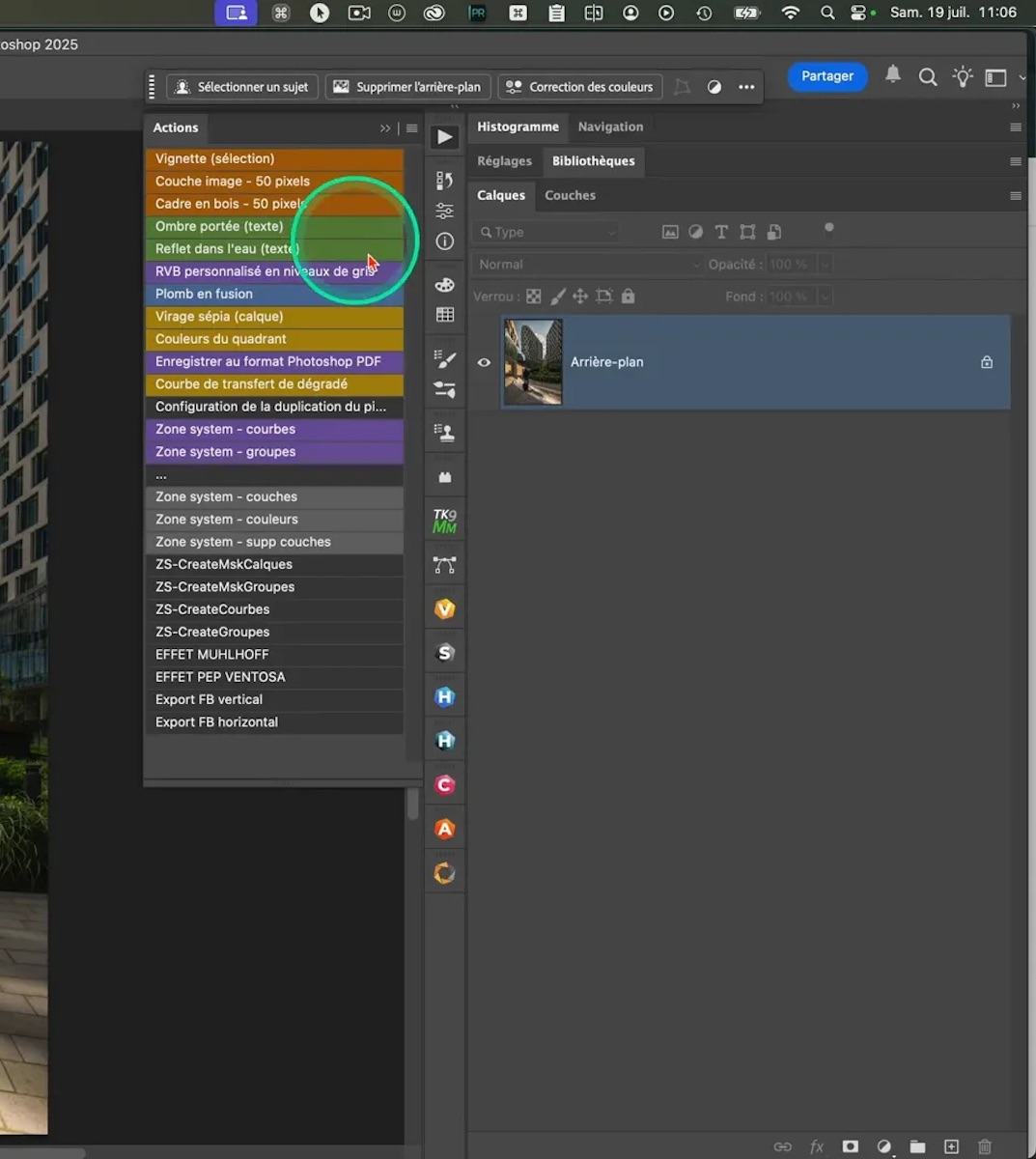 Affichage coloré des actions Photoshop avec organisation par catégories