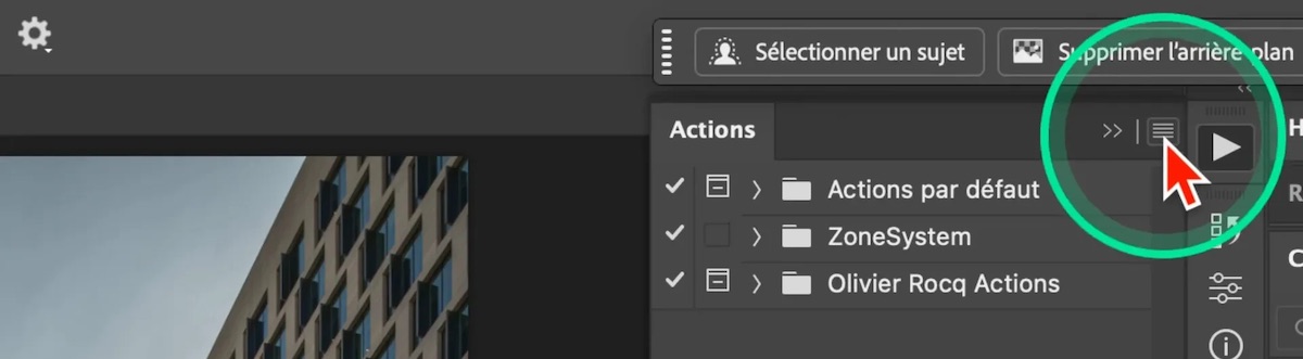 Icône de menu dans le panneau des actions de Photoshop