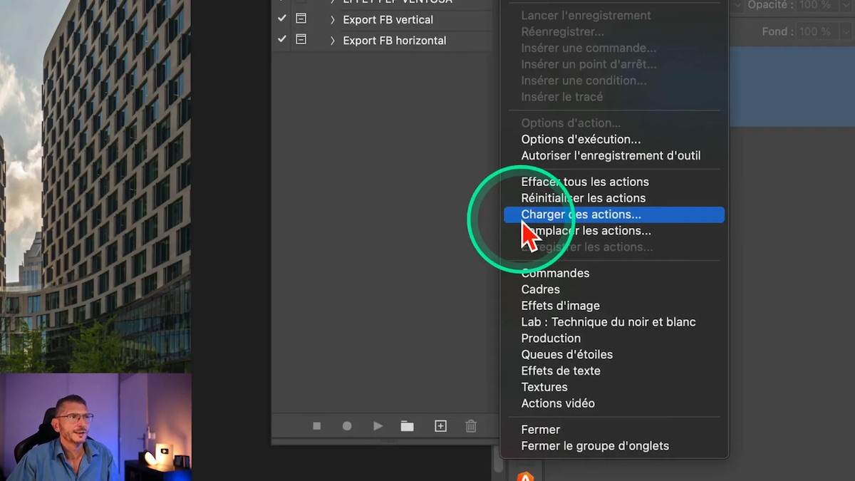 Menu contextuel pour charger une action dans Photoshop