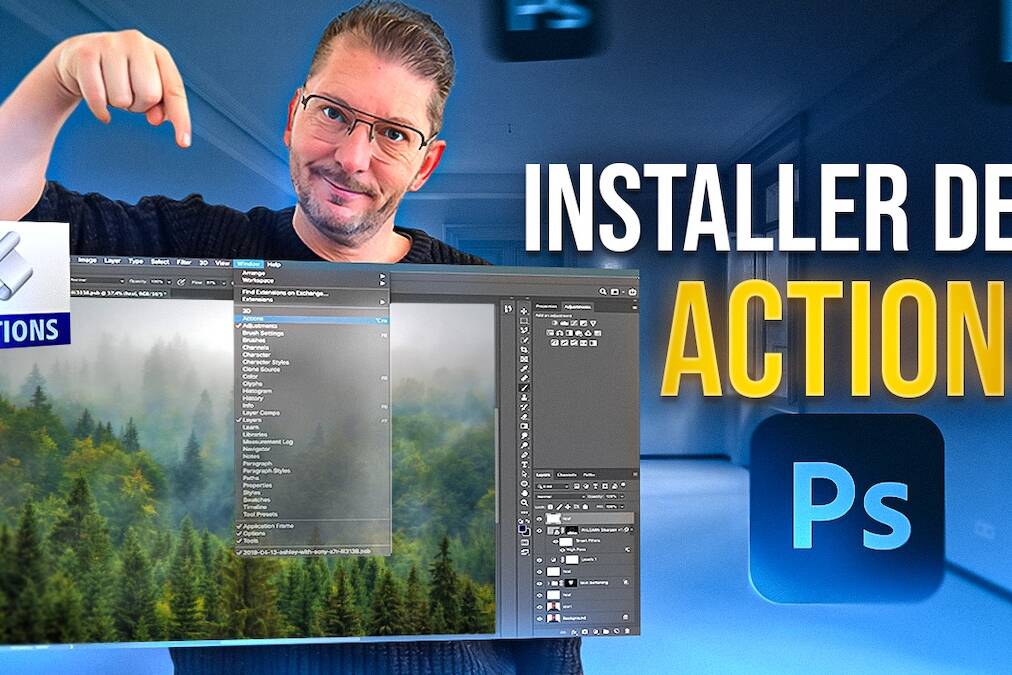 Visuel de formation sur les actions Photoshop avec mise en avant du panneau