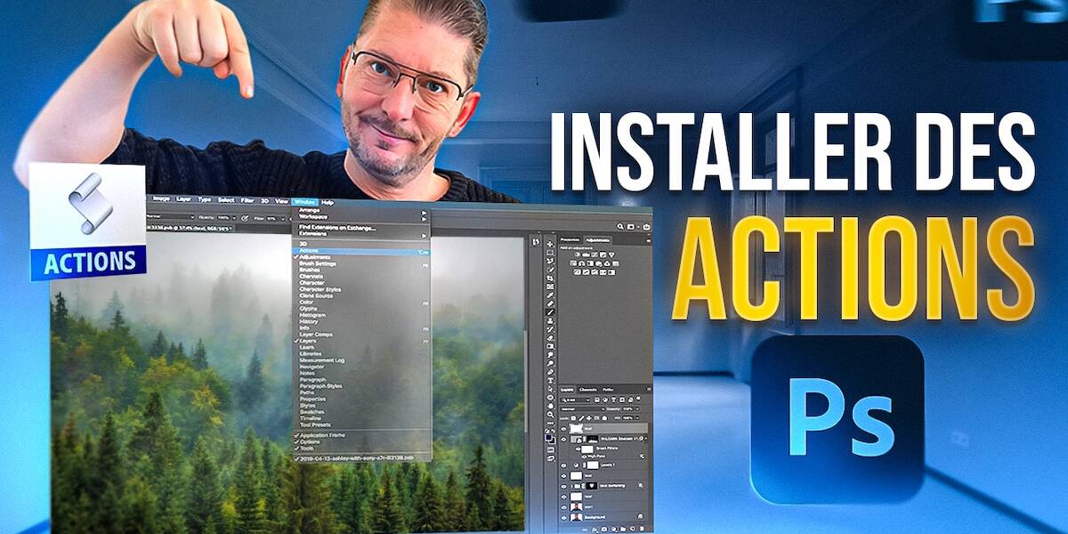 Visuel de formation sur les actions Photoshop avec mise en avant du panneau